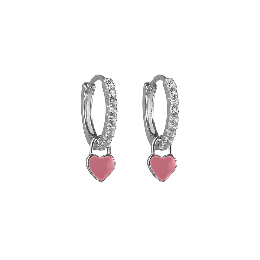 Pink Mini Silver Heart Hoops