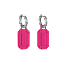 Load image into Gallery viewer, Electric Pink Rectangle Silver Hoops
