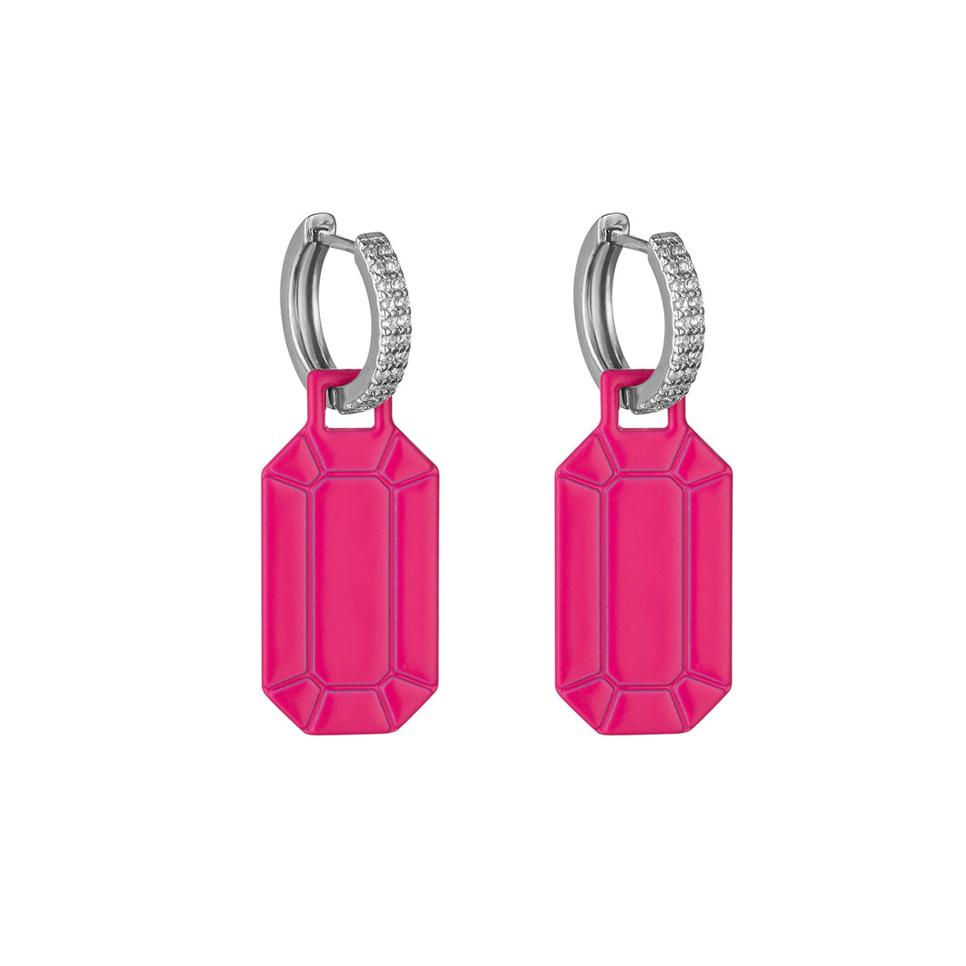 Electric Pink Rectangle Silver Hoops