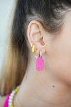 Load image into Gallery viewer, Electric Pink Rectangle Silver Hoops
